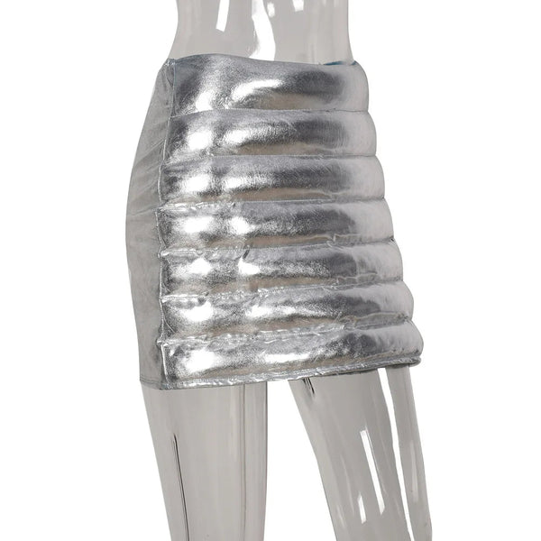 Shiny Silver Metallic Puffer Street Style Bottoms 2000s Aesthetic Mini Skirts Sexy Clubwear  -  GeraldBlack.com