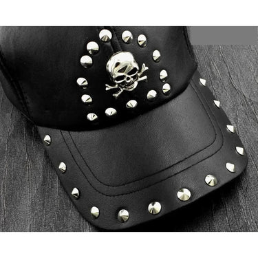 Skull Studded Mens Genuine Leather Biker Trucker Punk Rocker Peaked Baseball Hat  -  GeraldBlack.com