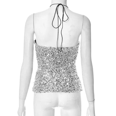 Sparkle Silver Sequins Sexy Party Night Club Backless Hollow Cross Halter Top  -  GeraldBlack.com