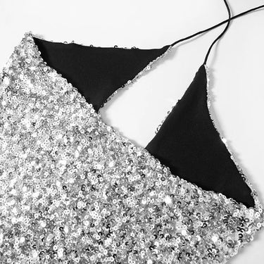 Sparkle Silver Sequins Sexy Party Night Club Backless Hollow Cross Halter Top  -  GeraldBlack.com