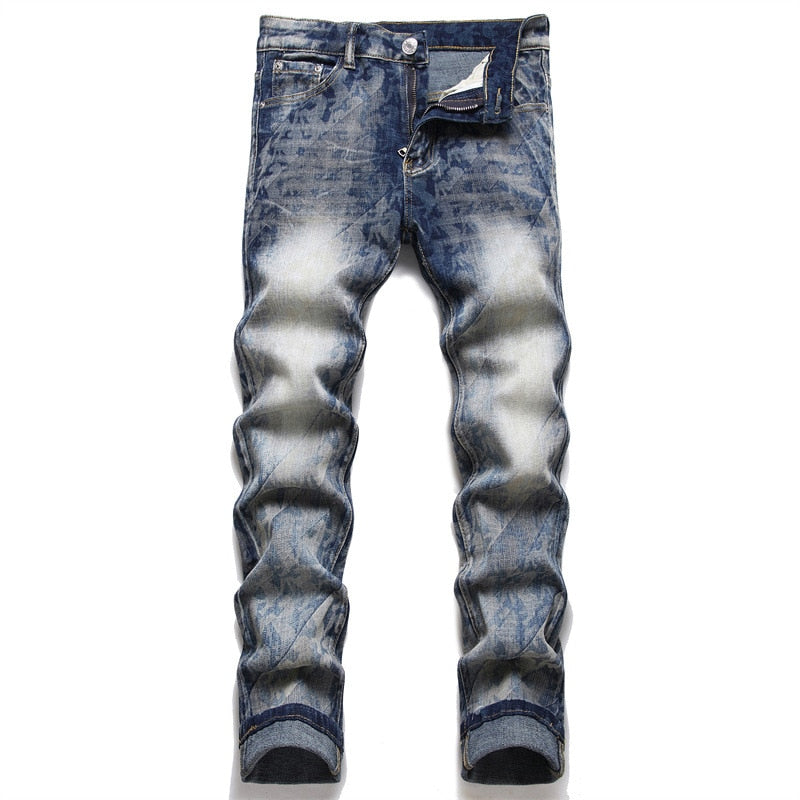 Spring Autumn Punk Men's Small Foot Jeans Ground Slim Trousers Mid-waist Printed Fashion  -  GeraldBlack.com