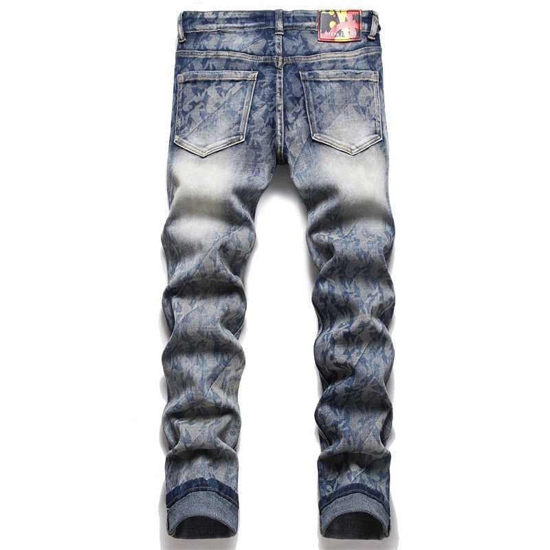 Spring Autumn Punk Men's Small Foot Jeans Ground Slim Trousers Mid-waist Printed Fashion  -  GeraldBlack.com