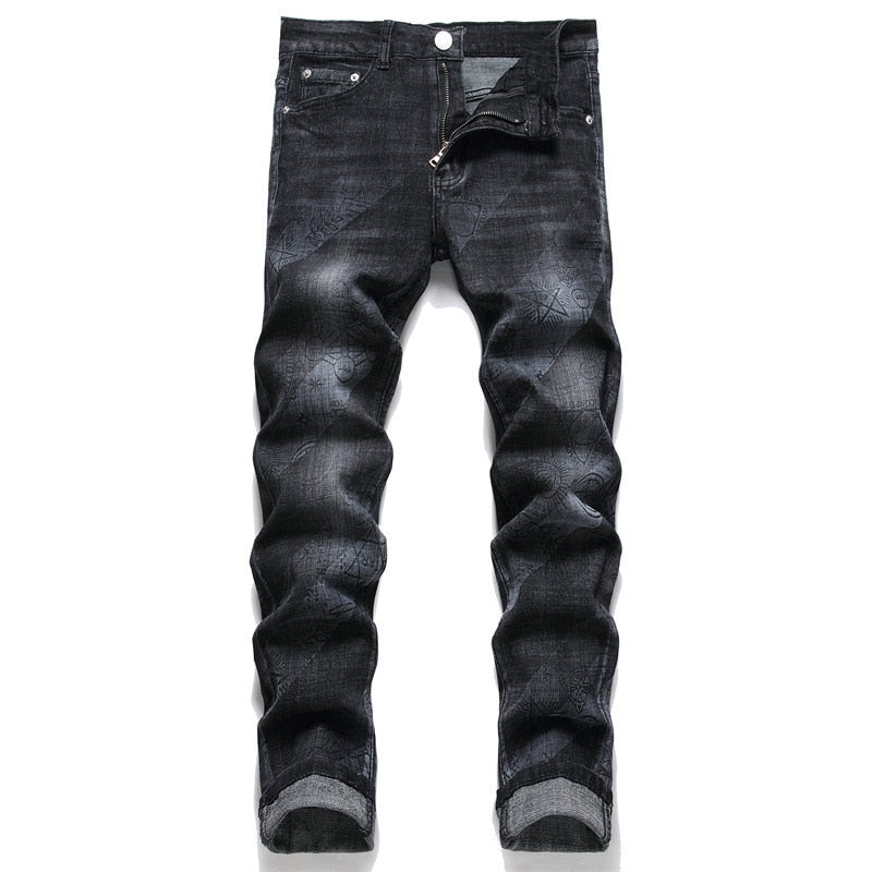 Spring Autumn Punk Men's Small Foot Jeans Ground White Trousers Mid-waist Printed Pencil Pants  -  GeraldBlack.com