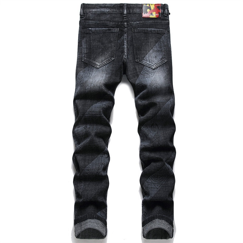Spring Autumn Punk Men's Small Foot Jeans Ground White Trousers Mid-waist Printed Pencil Pants  -  GeraldBlack.com