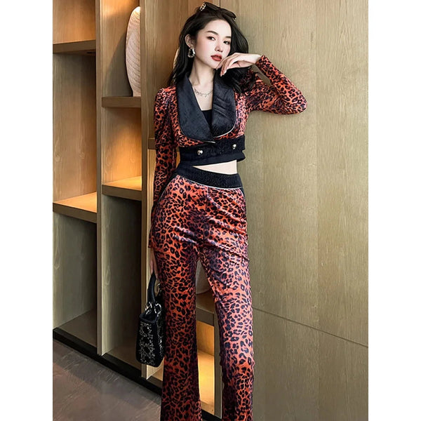 Spring Autumn Sexy Women Leopard Vintage Short Cropped Coat Tops High Waist Flare Pants Slim 2 Pieces Outfits Set  -  GeraldBlack.com