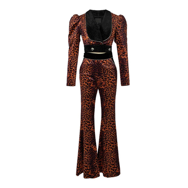 Spring Autumn Sexy Women Leopard Vintage Short Cropped Coat Tops High Waist Flare Pants Slim 2 Pieces Outfits Set  -  GeraldBlack.com
