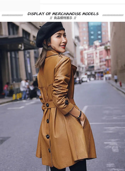 Spring Fashion Genuine Leather Women Top Layer Sheepskin Trench Coat Printing Casual Belt  -  GeraldBlack.com