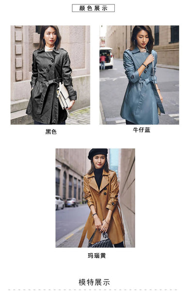 Spring Fashion Genuine Leather Women Top Layer Sheepskin Trench Coat Printing Casual Belt  -  GeraldBlack.com