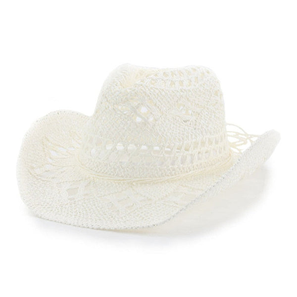 Spring Summer Hand-Knitted Rolled Brim Cowboy Straw Hat Western Beach Sun Hats Party Cap Hollow Ethnic Style Jazz  -  GeraldBlack.com