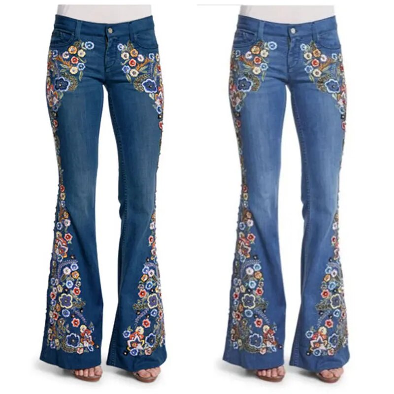 Spring Women Plus Size  Multicolor Boho Floral  Embroidery Highstreet Bell-bottom Denim Long Flare Jeans Pants  -  GeraldBlack.com