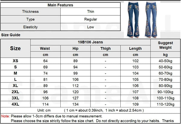 Spring Women Plus Size  Multicolor Boho Floral  Embroidery Highstreet Bell-bottom Denim Long Flare Jeans Pants  -  GeraldBlack.com