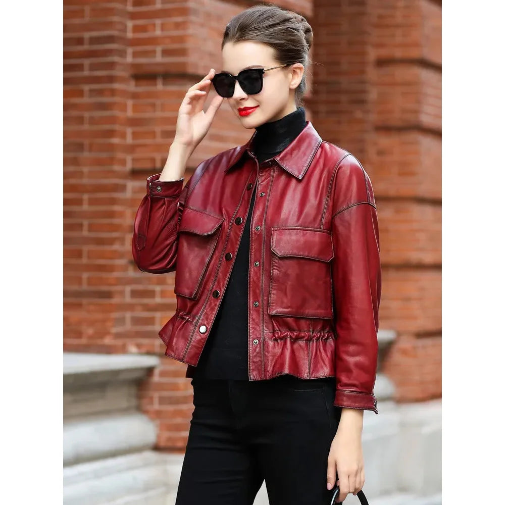 Spring Women's Short Fashion Sheepskin Leather Street Jackets  -  GeraldBlack.com