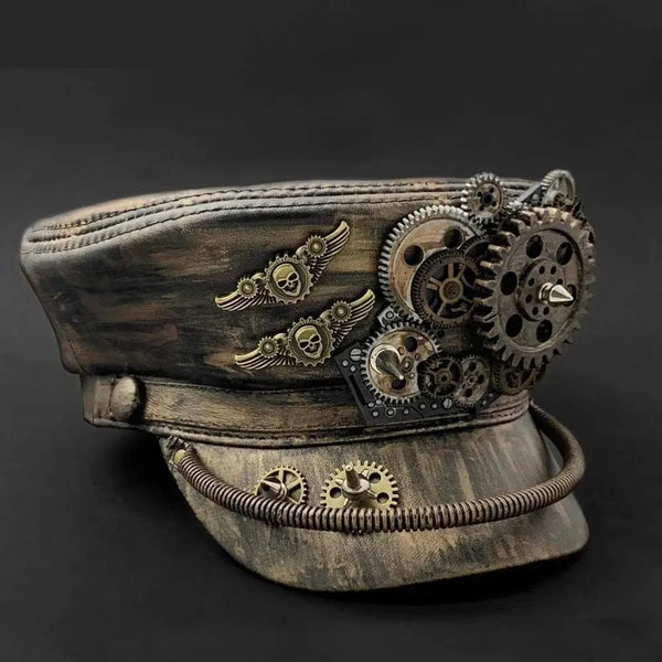 Steampunk Vintage Gold Black Gears Cospaly Mens Leather Military Hat Cap  -  GeraldBlack.com