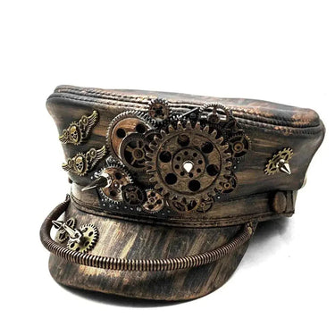 Steampunk Vintage Gold Black Gears Cospaly Mens Leather Military Hat Cap  -  GeraldBlack.com