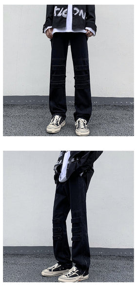 Streetwear Sense Of Design Knee Button Flare Men Blue Black Cylinder Broad Leg Opening Zipper Mop Denim Pants M-5XL  -  GeraldBlack.com
