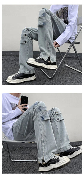 Streetwear Sense Of Design Knee Button Flare Men Blue Black Cylinder Broad Leg Opening Zipper Mop Denim Pants M-5XL  -  GeraldBlack.com