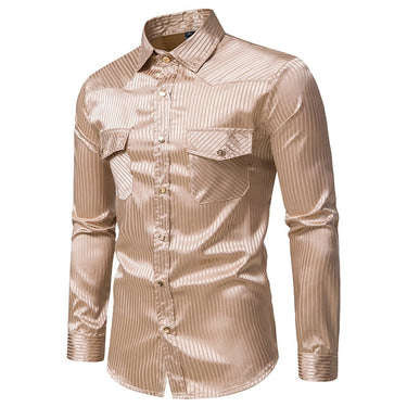 Striped Shirt Men Double Pockets Seamless Long Sleeve Silky Slim Fit Casual Business Formal Dress  -  GeraldBlack.com