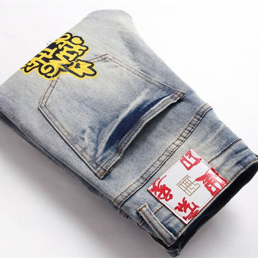 Style Punk Trend Retro Blue Hole slim stretch printed little foot Men's Jeans fashion Skinny jeans  -  GeraldBlack.com