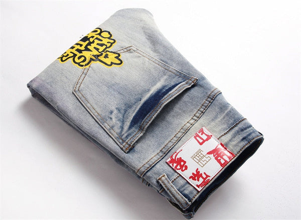 Style Punk Trend Retro Blue Hole slim stretch printed little foot Men's Jeans fashion Skinny jeans  -  GeraldBlack.com