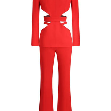 Stylish Designer Runway Women's Deep V Neck Long Sleeve Hollow Out  Blazer Wide Leg Pants 2pc Suit  -  GeraldBlack.com