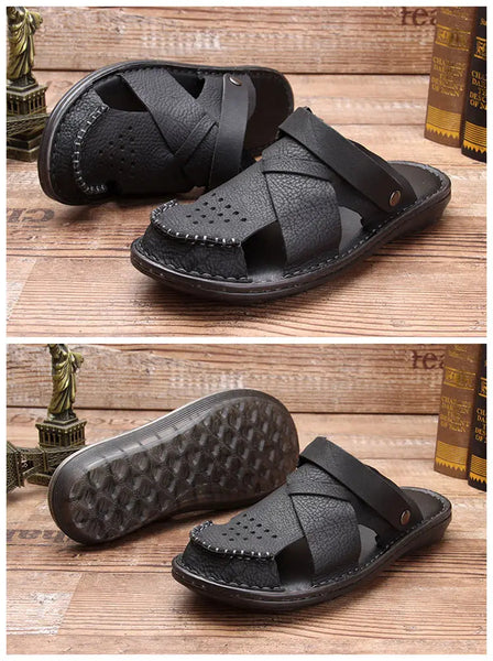Summer Closed Toe Men's Mature Full Grain Leather Wear In Two Ways Businessman Slides Nonslip TPR Outsole Sandals  -  GeraldBlack.com