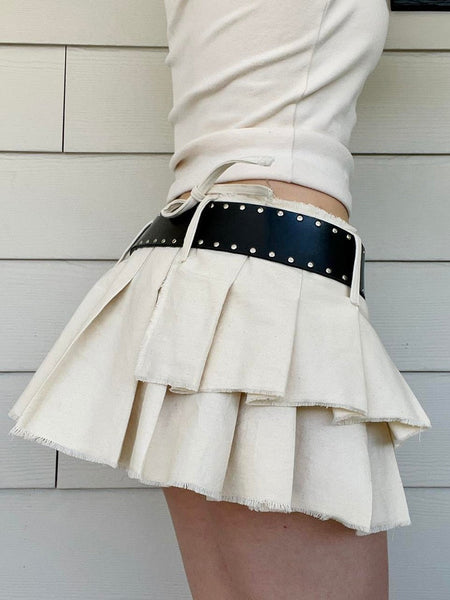 Summer Holiday Sexy Super Casual Solid A Line Low Waisted Mini Pleated Skirt With Sashes For Women  -  GeraldBlack.com