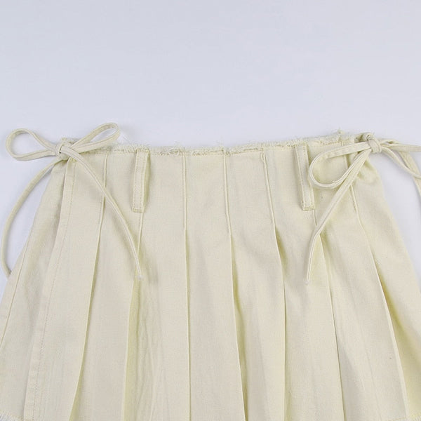 Summer Holiday Sexy Super Casual Solid A Line Low Waisted Mini Pleated Skirt With Sashes For Women  -  GeraldBlack.com