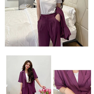 Summer Office Women Formal Casual Simple Short Sleeve Loose Tops Coat Blazer Wide Leg Long Pants Set 2 Pieces Outfits Suits  -  GeraldBlack.com