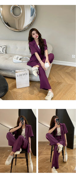 Summer Office Women Formal Casual Simple Short Sleeve Loose Tops Coat Blazer Wide Leg Long Pants Set 2 Pieces Outfits Suits  -  GeraldBlack.com