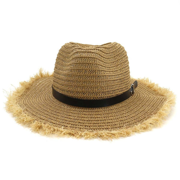Summer Women Men Straw Jazz Fedora Hats with Belt Buckle Furry Brim Wide Holiday Sunshade Hat  -  GeraldBlack.com