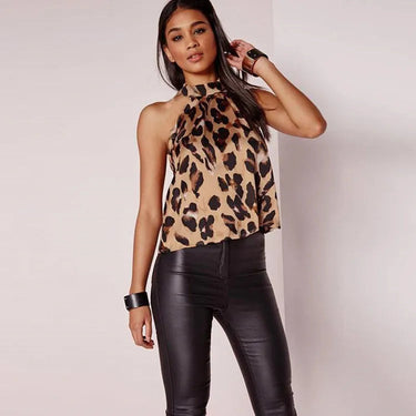 Summer Women's Vest Sexy Off Shoulder Leopard Print Chiffon Backless Sleeveless Halter Tank Top  -  GeraldBlack.com