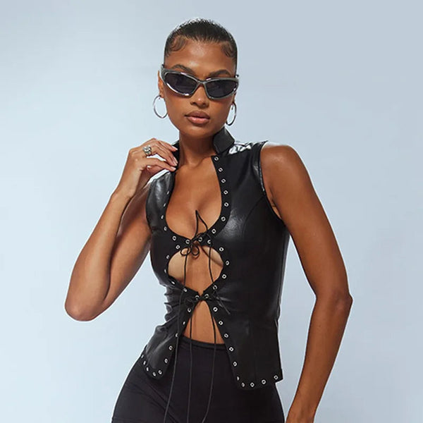 Synthetic Leather Black White Tie Up Hollow Crop Tops 2000s Sexy Outfit Women Clubbing  -  GeraldBlack.com