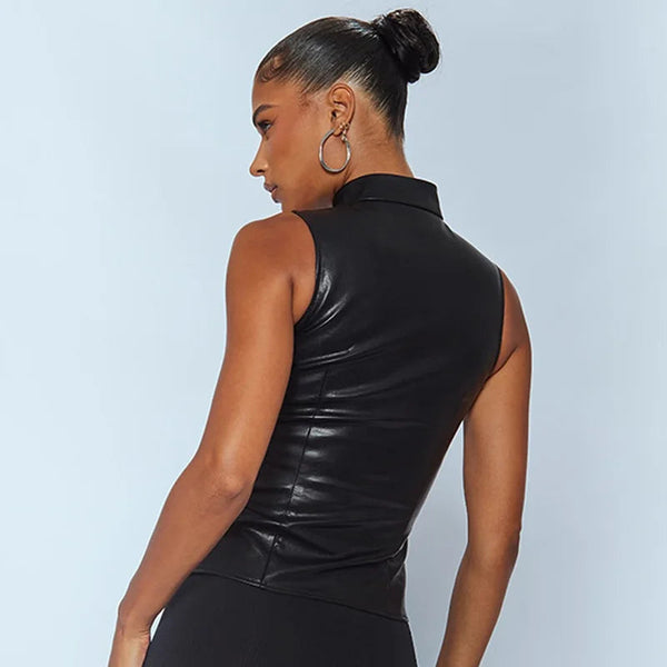 Synthetic Leather Black White Tie Up Hollow Crop Tops 2000s Sexy Outfit Women Clubbing  -  GeraldBlack.com