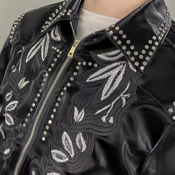 Synthetic Leather Jacket Men Black Embroidered Pattern Casual Korean Style Zipper Lapel Jacket  -  GeraldBlack.com
