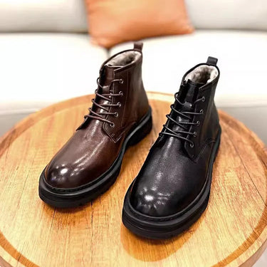 Thick Warm Wool Lining Winter Mens Genuine Leather Lace Up Non-Slip Casual Motorcycle Short Boots  -  GeraldBlack.com