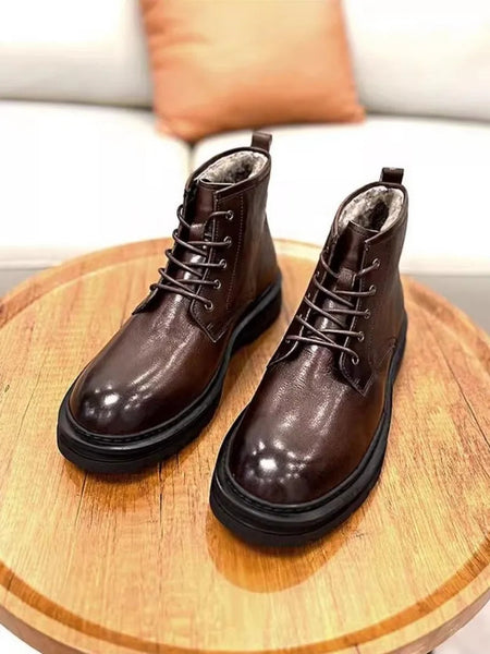 Thick Warm Wool Lining Winter Mens Genuine Leather Lace Up Non-Slip Casual Motorcycle Short Boots  -  GeraldBlack.com