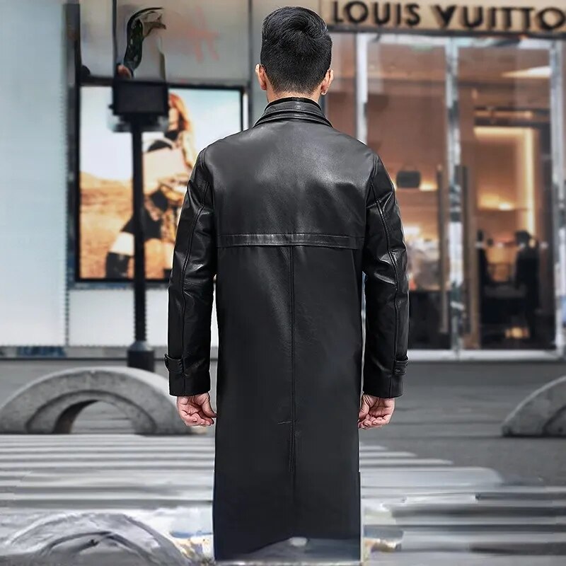 Top Layer Cowhide Genuine Leather Men's Winter Down Long Thick Jacket  -  GeraldBlack.com