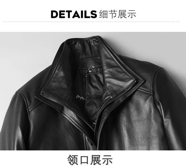 Top Layer Cowhide Genuine Leather Men's Winter Down Long Thick Jacket  -  GeraldBlack.com
