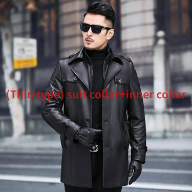 Top Layer Sheepskin Natural Leather Men Medium Long Leather Winter Thick Coat  -  GeraldBlack.com