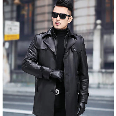 Top Layer Sheepskin Natural Leather Men Medium Long Leather Winter Thick Coat  -  GeraldBlack.com