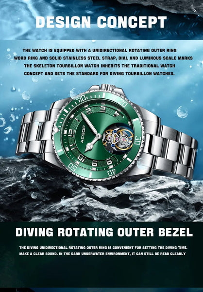 Tourbillon Skeleton luminous Synthetic sapphire Mechanical Diving Waterproof Watch for Men  -  GeraldBlack.com