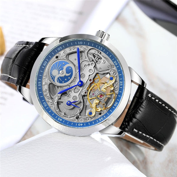 Unique Men Luxury Leather Tourbillon Skeleton Face Flywheel Automatic Mechanical Wrist Watch Clock Wristwatch  -  GeraldBlack.com