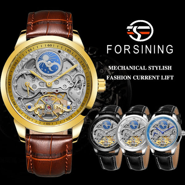 Unique Men Luxury Leather Tourbillon Skeleton Face Flywheel Automatic Mechanical Wrist Watch Clock Wristwatch  -  GeraldBlack.com