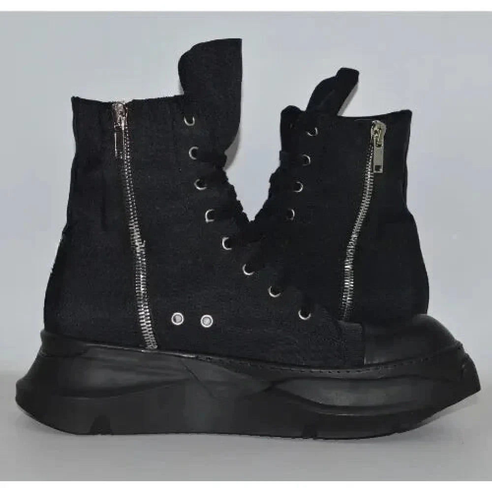 Unisex Black Brown Canvas Luxury Trainers Lace Up Casual Height Increasing Zip Boots Shoes  -  GeraldBlack.com