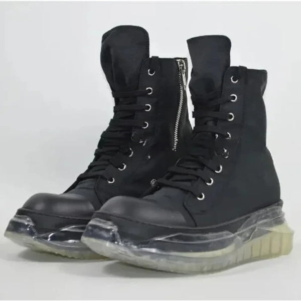 Unisex Black Clear Canvas Luxury Trainers Lace Up Casual Height Increasing Zip Boots Shoes  -  GeraldBlack.com