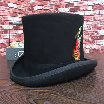 Unisex Black Woolen Flat Mad Hatter Traditional President Party Steampunk Magic Top Hat with feather  -  GeraldBlack.com