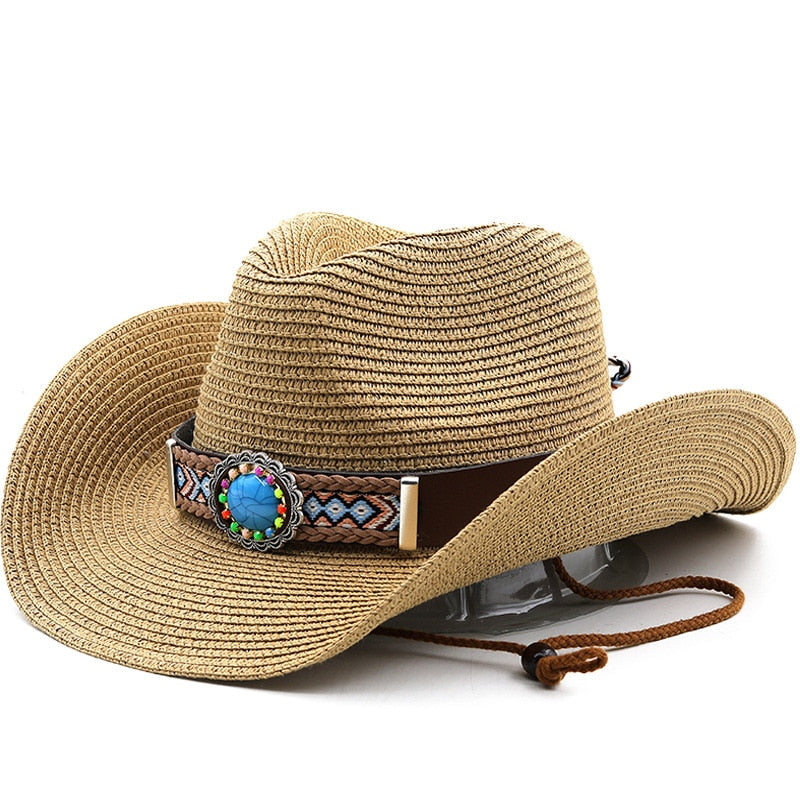 Unisex Western Cowboy Paper Straw Jazz Wide Brim Sun Protection Beach Cap National Style Classic Top Hat  -  GeraldBlack.com