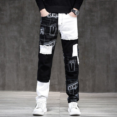 Vintage Color Matching Jeans Men's Tide Personality Splicing Small Slim Casual Stretch Long Pants  -  GeraldBlack.com