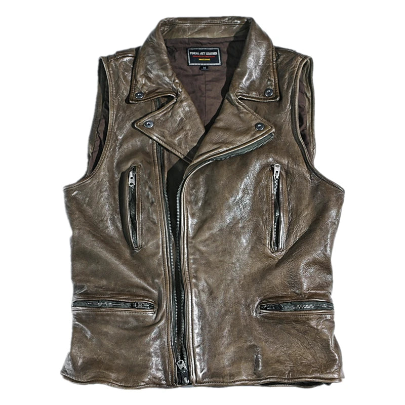 Vintage Genuine Leather Men's Vegetable-tanned Top Layer Harley Style Vest Coat  -  GeraldBlack.com
