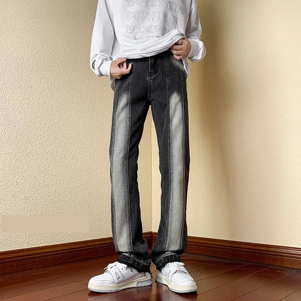 Vintage Gradient Washed Patchwork Casual Moustache Effect Wear Straight Slim Fit Long Trousers For Men Denim Jeans  -  GeraldBlack.com